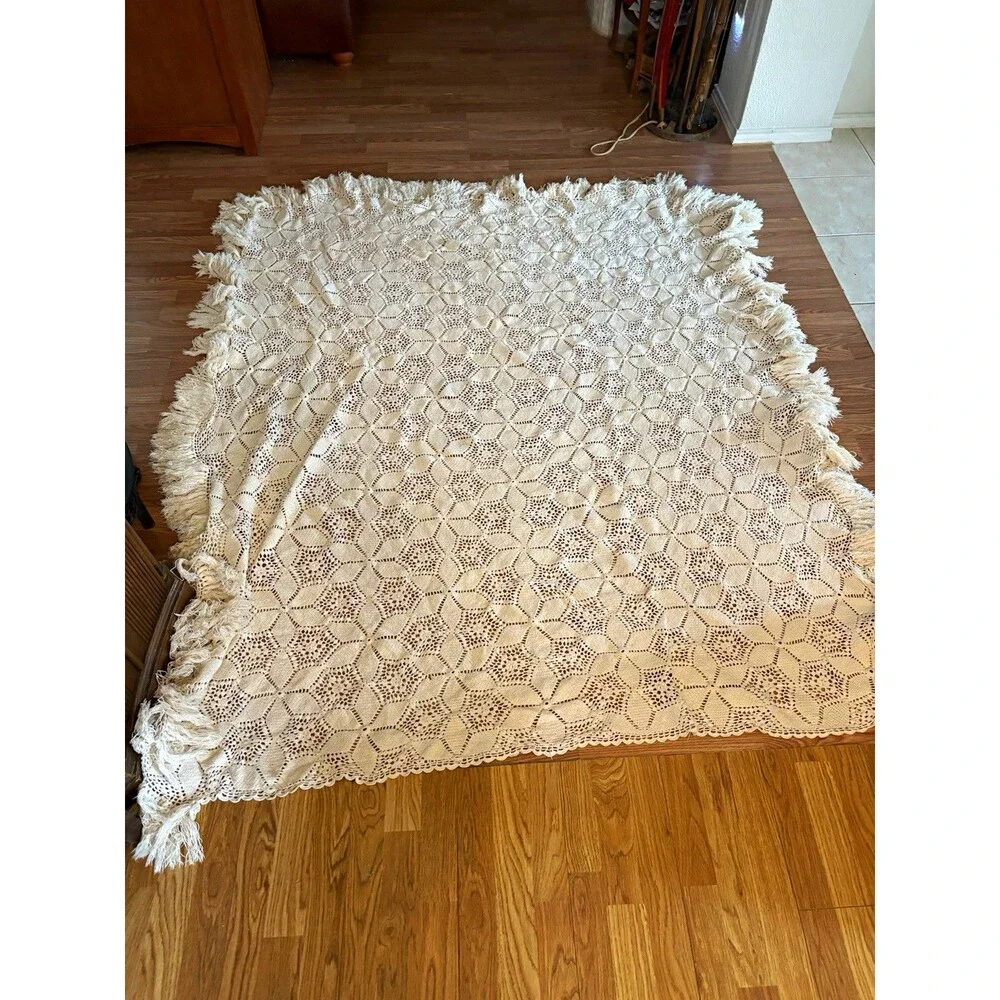 Handmade floral  Crochet Beige Fringed Bed Throw Blanket 72